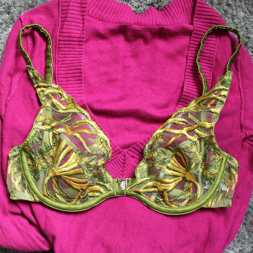 Studio Pia Sirena plunge bra green yellow silk embroidery size 3 30DD/32D/34C